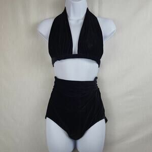Vtg 80's Petticord Womens Black Resort Velour High Waisted 2Pc Bikini Set Sz 10